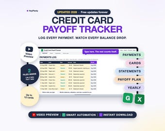 Credit Card Payoff Tracker Spreadsheet, Payment Log, Balances, Utilization, Due Dates (Google Sheets, Excel)