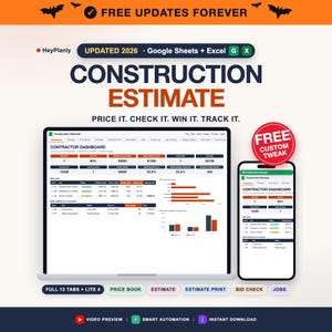 Può includere: Un modello digitale di stima dei costi di costruzione per Google Sheets ed Excel, con una dashboard per appaltatori con tabelle dati e grafici su un laptop e uno smartphone. Il testo include HeyPlanly, Updated 2026 e Free Updates Forever.