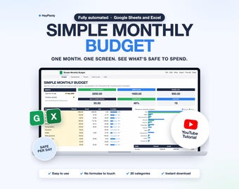 Simple Monthly Budget Spreadsheet, Expense Tracker, Safe to Spend (Google Sheets, Excel)
