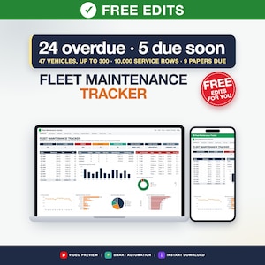 Fleet Maintenance Tracker Spreadsheet Template, Vehicle Service Log, Overdue Due Board by State, 300 Vans (Google Sheets, Excel)