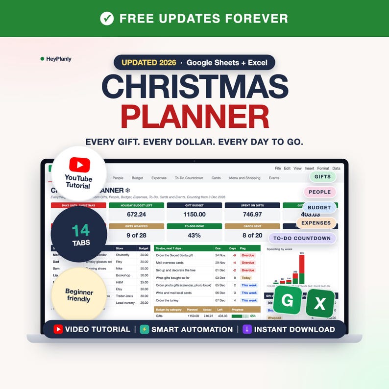 May include: A digital Christmas planner for Google Sheets and Excel featuring a dashboard with budget tracking, gift lists, and to-do countdowns. The interface displays 14 tabs, a video tutorial link, and smart automation features for holiday organization.