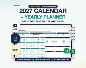 2027 Calendar and Yearly Planner Spreadsheet, Monthly Planner, Events, Holidays (Google Sheets, Excel)