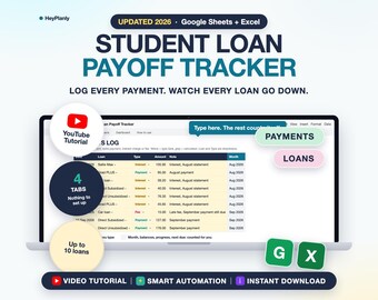 Student Loan Payoff Tracker Spreadsheet, Payment Log, Balances, Progress, Due Dates (Google Sheets, Excel)