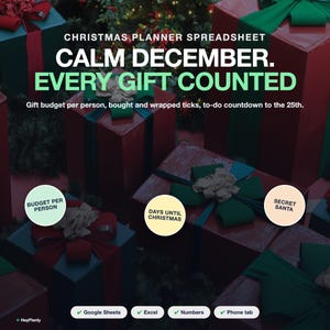 May include: A Christmas planner spreadsheet digital product featuring the text: CHRISTMAS PLANNER SPREADSHEET, CALM DECEMBER. EVERY GIFT COUNTED, Gift budget per person, bought and wrapped ticks, to-do countdown to the 25th. Includes Google Sheets, Excel, Numbers, and Phone tab.