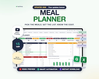 Meal Planner Spreadsheet 2026 2027, Weekly Menu, Recipe Bank, Grocery List, Meal Prep Planner, Calorie Tracker (Google Sheets, Excel)