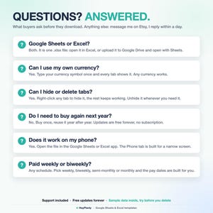 Puede incluir: Un gr&aacute;fico informativo titulado QUESTIONS? ANSWERED. que presenta seis preguntas frecuentes sobre plantillas de Google Sheets y Excel. Cada pregunta incluye una respuesta concisa sobre compatibilidad, moneda, pesta&ntilde;as, reutilizaci&oacute;n, acceso m&oacute;vil y calendarios de pago.