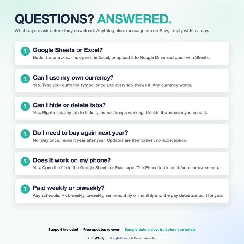Puede incluir: Un gr&aacute;fico informativo titulado QUESTIONS? ANSWERED. que presenta seis preguntas frecuentes sobre plantillas de Google Sheets y Excel. Cada pregunta incluye una respuesta concisa sobre compatibilidad, moneda, pesta&ntilde;as, reutilizaci&oacute;n, acceso m&oacute;vil y calendarios de pago.