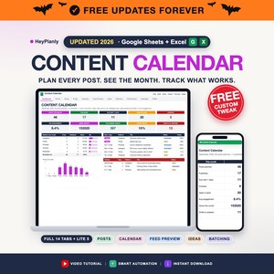 Op de afbeelding: Een digitale contentkalender-sjabloon voor Google Sheets en Excel, weergegeven op een laptop en smartphone, met analyses, publicatieschema's en betrokkenheidsstatistieken, inclusief tabbladen voor posts, kalender en feed-voorbeelden.