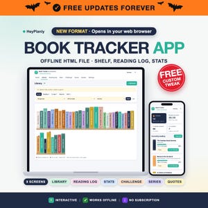 Könnte beinhalten: Eine digitale Buch-Tracker-App, dargestellt auf einem Laptop- und Smartphone-Bildschirm. Die Benutzeroberfläche zeigt eine Bibliotheksansicht mit bunten Buchrücken in Regalen, Leseprotokolle und Statistiken. Text enthält "BOOK TRACKER APP".