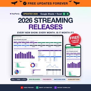 May include: A digital dashboard titled 2026 STREAMING RELEASES displayed on a laptop and smartphone screen. The interface features purple and blue bar charts, pie charts, and data tables for tracking streaming services, shows, and monthly costs.