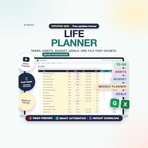 Life Planner Spreadsheet, Budget, Habit Tracker, To Do List, Goals, Weekly Planner (Google Sheets, Excel) imagen 1