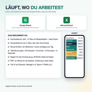 May include: A digital product infographic titled L&Auml;UFT, WO DU ARBEITEST featuring icons for Google Sheets and Microsoft Excel. It includes a list of features for a household budget tracker and a smartphone display showing financial data.