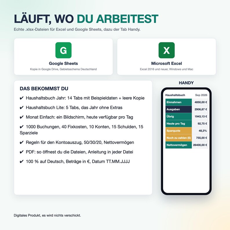 May include: A digital product infographic titled L&Auml;UFT, WO DU ARBEITEST featuring icons for Google Sheets and Microsoft Excel. It includes a list of features for a household budget tracker and a smartphone display showing financial data.