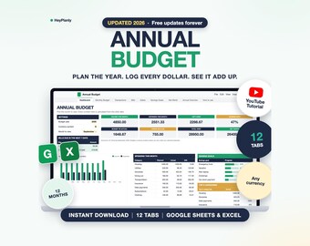 Annual Budget Spreadsheet, Monthly Bill Tracker, Net Worth Tracker (Google Sheets, Excel)
