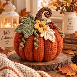 Puede incluir: Una calabaza naranja tejida a ganchillo con un tallo marrón en espiral, una hoja grande verde, una hoja pequeña color crema, una flor amarilla y bayas rojas. La calabaza tiene textura de costillas verticales y descansa sobre una base de madera.