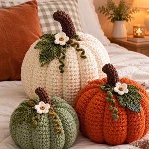 May include: Three handmade crochet pumpkins in cream, sage green, and burnt orange. Each pumpkin features a dark brown stem, a green leaf, a small white flower with a yellow center, and a curly green vine attached to the top of the round body.