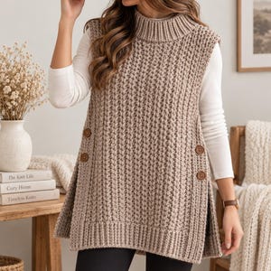 May include: A beige sleeveless knit sweater vest featuring a mock neck, a textured vertical ribbed pattern, and two brown buttons on each side seam. The garment is worn over a long-sleeved white shirt and paired with black leggings.