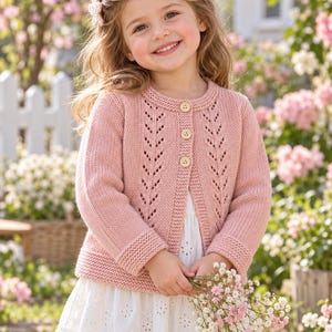 May include: A dusty pink long-sleeve knit cardigan featuring a round neckline, three light-coloured wooden buttons, and vertical lace-like eyelet detailing along the front panels. The garment has a garter stitch border at the cuffs and hem.
