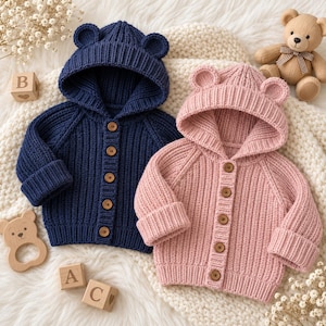Molde em PDF para tricô de casaco com capuz para bebê, cardigã canelado com orelhas de urso, suéter com capuz para bebê, punhos dobrados, 0-18 meses, fio DK, raglan.