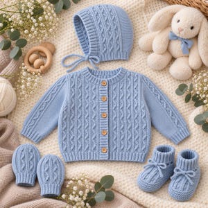 Op de afbeelding: Een lichtblauwe gebreide babyset bestaande uit een vest met lange mouwen en houten knopen, een bijpassend mutsje met kinbandjes, een paar wanten en slofjes met strikjes. De items zijn voorzien van een verticaal kabelbreipatroon.
