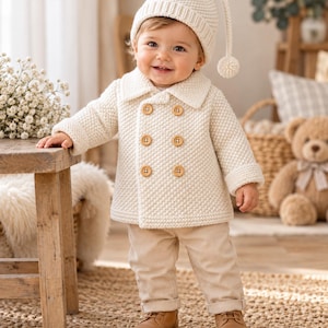 Baby Pea Coat Knitting Pattern, Double Breasted Baby Coat & Pom Pom Hat PDF, Moss Stitch Baby Jacket, DK, 0 to 18 Months (Digital Download)