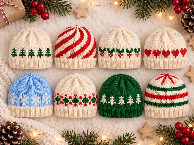 May include: Eight knitted beanies arranged in two rows. The hats feature various patterns including green pine trees, red and white candy cane stripes, red holly berries, red hearts, blue snowflakes, green and red diamonds, and horizontal stripes.