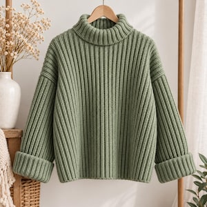 May include: A sage green long-sleeve jumper featuring a thick ribbed knit texture, a high turtleneck collar, and wide cuffs at the ends of the sleeves. The garment is displayed on a wooden hanger, showcasing a loose fit and a solid colour design.