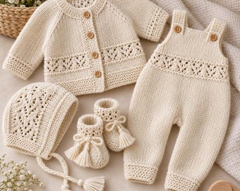 May include: A cream-coloured knitted baby set consisting of a long-sleeve cardigan with four wooden buttons, overalls with two wooden buttons on the straps, a bonnet with braided ties and tassels, and a pair of matching booties with tassel accents.