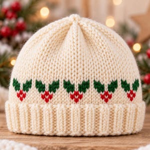 May include: A cream-coloured knit beanie featuring a repeating pattern of green holly leaves and red berries around the base. The hat has a thick, ribbed cuff at the bottom and a classic rounded crown, constructed from a soft, chunky yarn texture.
