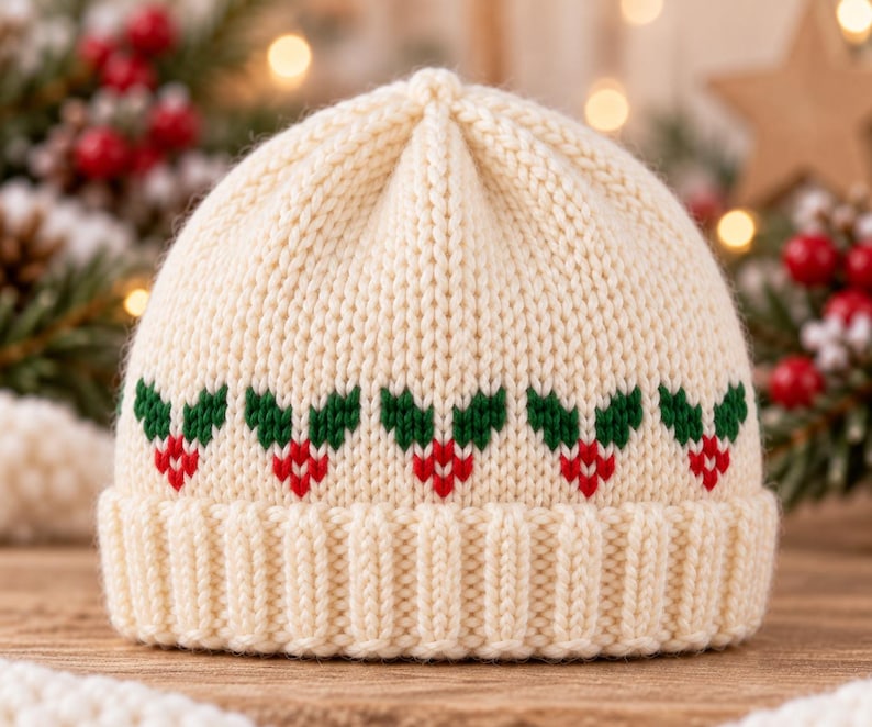 May include: A cream-coloured knit beanie featuring a repeating pattern of green holly leaves and red berries around the base. The hat has a thick, ribbed cuff at the bottom and a classic rounded crown, constructed from a soft, chunky yarn texture.