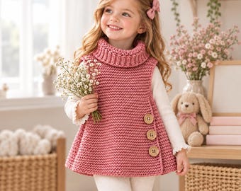 Cozy Friendly Tabard Pattern | Simple Garter Stitch Knitwear | Children's Super Chunky Sweater Tutorial Age 1 - 15 years Toddler Girls