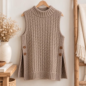 Patroon voor een grof gebreid vest, oversized tuniekvest met knoopjes aan de zijkant, mouwloze trui met col, breipatroon in PDF-formaat, 7 maten.