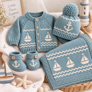 Könnte beinhalten: Ein blaues Strickset für Babys bestehend aus einer Strickjacke mit Holzknöpfen, einer passenden Mütze mit Bommel, einem Paar Booties und einer Decke. Jedes Teil zeigt ein weißes nautisches Muster aus Segelbooten, Ankern und Wellenlinien.