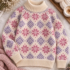 Pode incluir: Uma camisola de malha cor de creme com um padrão repetitivo de flocos de neve cor-de-rosa e roxos. A peça apresenta uma gola alta canelada, mangas compridas com punhos canelados e uma bainha canelada, com uma textura de malha consistente.