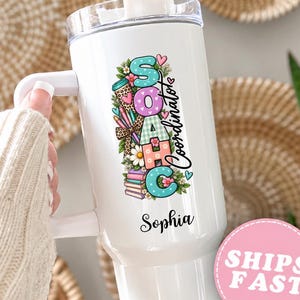 Personalized Coordinator Tumbler 40oz with Handle, Custom Name Program Coordinator Gift, Floral Book Lover Coffee Cup