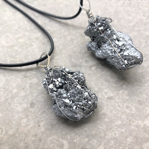 Titanium Silver Quartz Necklace Cord Choker Necklace Sparkly Titanium Geode Pendant Iridescent Silver Geode Chunk Freeform Necklace