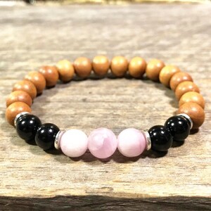Kunzite Black Tourmaline Sandalwood Bracelet - Gemstone Jewelry - Energy Bracelet - Chakra Jewelry - Yoga Bracelet - Meditation Bracelet