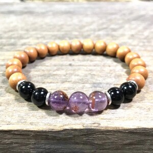 Amethyst Black Tourmaline Sandalwood Bracelet - Gemstone Jewelry - Energy Bracelet - Chakra Jewelry - Yoga Bracelet - Meditation Bracelet