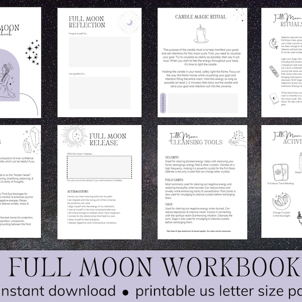 Full Moon Workbook Printable PDF Files - 8.5 x 11 US Letter Size - Full Moon Guide - Full Moon Rituals & Activities Workbook