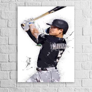May include: A digital art print featuring a baseball player in a black helmet and jersey with the name MURAKAMI and number 5 on the back. The player is captured in a mid-swing motion with a bat, rendered in a watercolor splatter style.