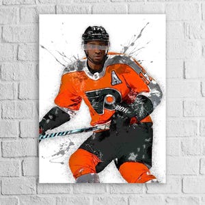 May include: A watercolor-style art print featuring a hockey player wearing an orange and black jersey with a white logo, a black helmet, and black gloves. The player holds a hockey stick, with paint splatters surrounding the figure.