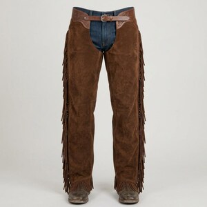 Brown Leather Fringe Chaps, Western Cowboy Riding Gear, Tooled Waist Detail