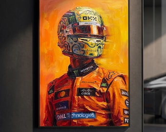 Affiche Lando Norris McLaren | Portrait de pilote de F1 | Peinture à l'huile impasto | Décoration murale sport automobile | Décoration orange papaye | Cadeau pour fan de F1