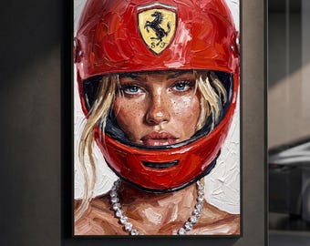 Affiche de la fille au casque Ferrari | Portrait de mode F1 | Peinture à l'huile impasto | Décoration murale sport automobile | Décoration glamour racing | Cadeau pour fan de F1