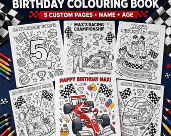 Libro da colorare personalizzato per il compleanno a tema corse automobilistiche, pagine da colorare con auto da corsa, nome ed età personalizzabili, regalo di compleanno stampabile, download digitale.
