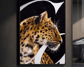 Affiche léopard monogrammée | Imprimé animal de luxe | Peinture à l'huile impasto | Décoration inspirée de Cartier | Cadeau glamour