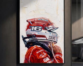 Charles Leclerc White Helmet Poster | Ferrari F1 Print | Impasto Oil Painting Motorsport Wall Art | Scuderia Racing Decor | F1 Gift