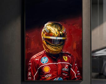 Affiche du casque doré de Lewis Hamilton | Impression Ferrari F1 | Peinture à l'huile impasto | Décoration murale sport automobile | Décoration de luxe pour les fans de F1 | Cadeau pour les fans de F1