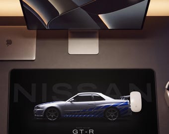 Tappetino da scrivania Nissan Skyline GT-R R34 / Tappetino per mouse da gioco di grandi dimensioni / Regalo per appassionati di supercar