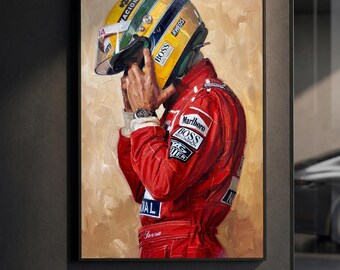 Affiche du casque d'Ayrton Senna | Reproduction classique d'une légende de la F1 | Peinture à l'huile en impasto | Décoration murale sport automobile | Décoration vintage course automobile | Cadeau